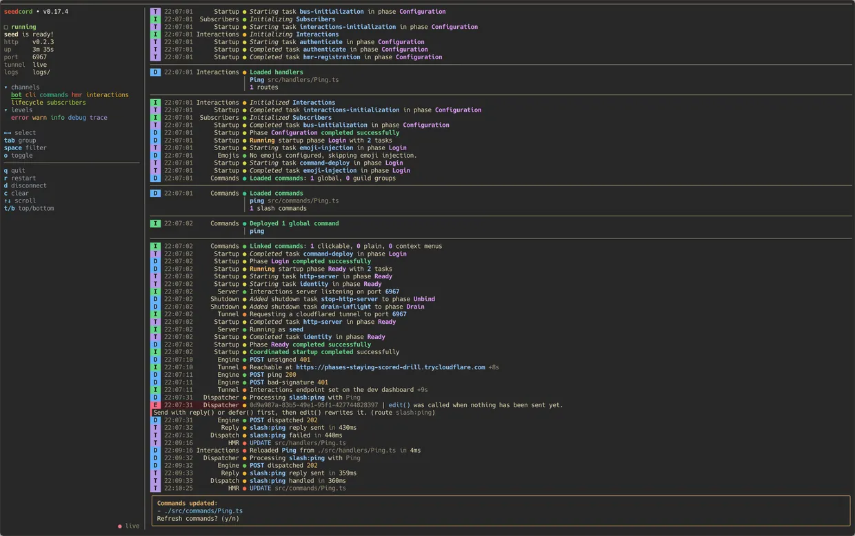 The seedcord dev server running an http bot. A sidebar on the left shows the version, uptime, bound port and tunnel status. The log stream beside it shows a handler failing, reloading in 4ms, then serving the same command. A card at the bottom asks whether to refresh the changed commands.